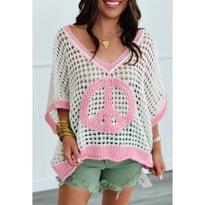 POL White & Pink Peace Sign Sheer Open Weave Layering Top
